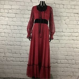 1960’s to 1970’s Vintage Red and Black Floor Length Polka Dot Dress | Size Small
